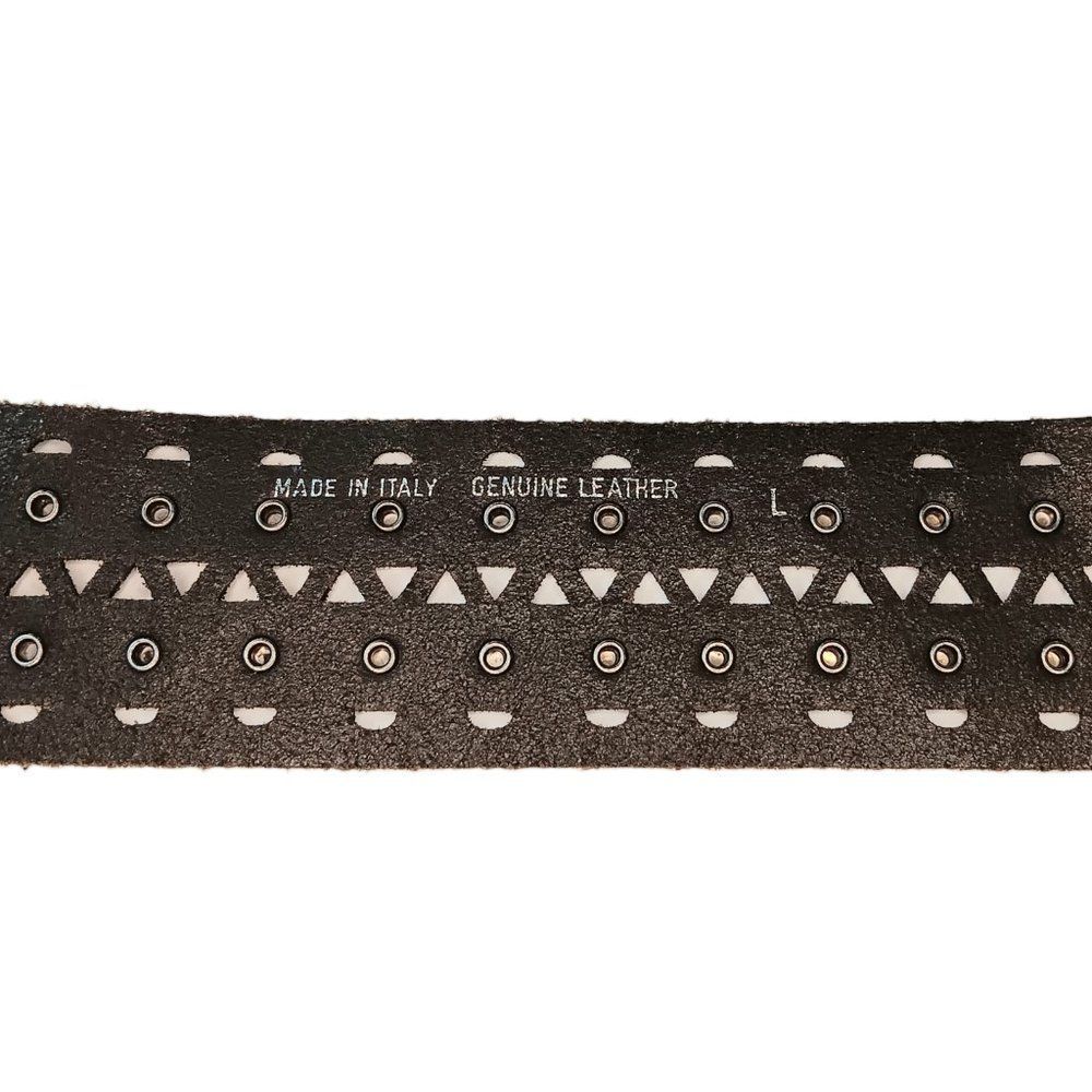 SOLD - Black Leather Belt Cutouts Silver Studs Large Silver Rings Tassles Italy - Picture 5 of 10